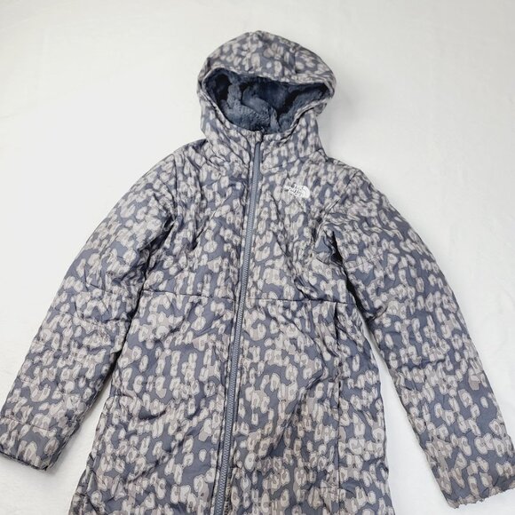 The North Face Girl's Black Mossbud Swirl Cheetah Reversible Parka Jacket Sz M - Picture 2 of 7